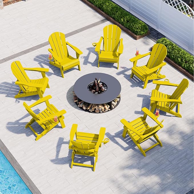 Folding Adirondack Chair with Cup Holders Set of 2, HDPE Plastic Outdoor Chairs, Weather Resistant, Real Wood Look for Patio, Deck, Fire Pit, Backyard, Yellow