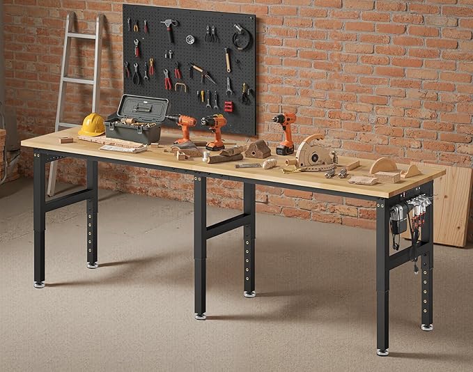 84” Heavy Duty Workbench, 5000 LBS Capacity Adjustable Work Bench with Pegboard and Power Outlet, Rubber Wood Work Table for Garage, Office, Workshop, Home