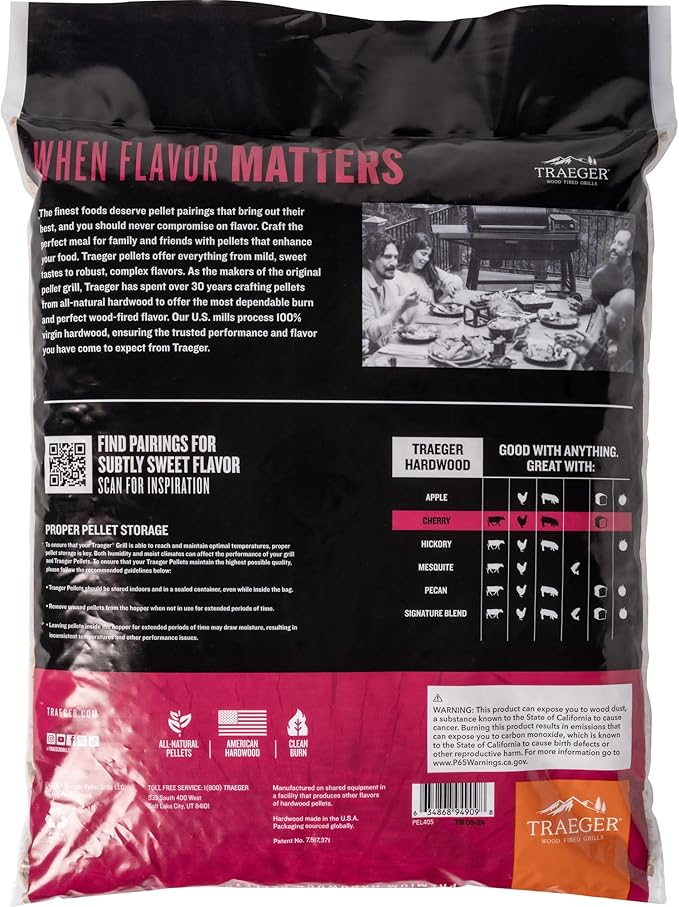 Traeger Grills Cherry 100% All-Natural Wood Pellets for Smokers and Pellet Grills, BBQ, Bake, Roast, 18 lb. Bag (Pack of 2)