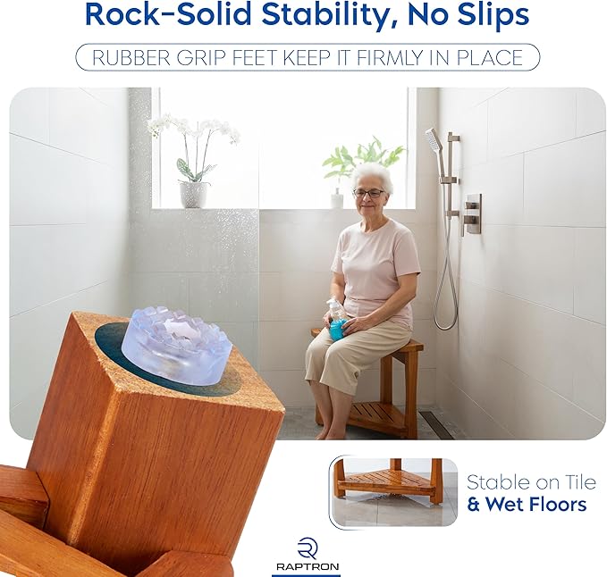 Teak Shower Bench for Inside Shower - 100% Grade A Solid Teak Wood Shower Stool, Waterproof Wooden Bath Bench Seat with Storage Shelf, Non-Slip Spa Chair