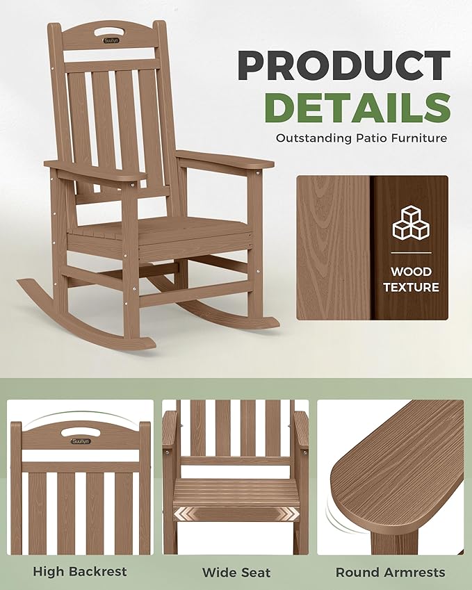 Oversized Outdoor Rocking Chair, High Back Porch Rocker Chair,HDPE All Weather Resistant RockingChairs for Patio, 380lbs Weight Capacity,Teak