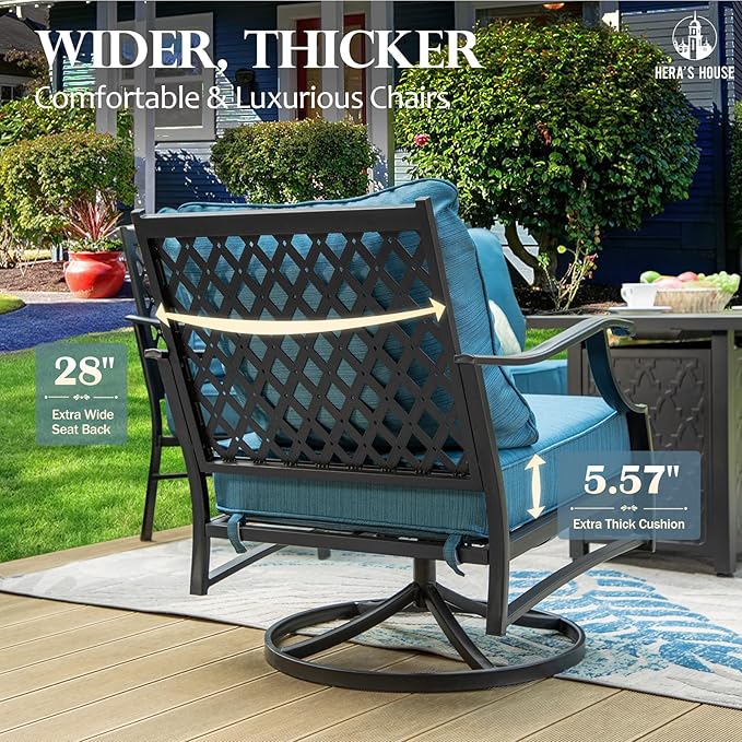 HERA'S HOUSE 5 Pieces Fire Pit Patio Furniture Set, 4 x Thick Cushioned Swivel Chairs with 28" Fire Pit Table (50,000 BTU), Outdoor Conversation Set for Garden Backyard Lawn, Pacific Blue