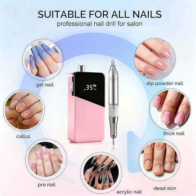 Electric Nail Drill Machine,Lumcrissy Colorful Rechargeable 35000 RPM Nail Drill Portable E-File with Detachable Battery,Portable Electric Acrylic Nail Tools ,Polishing,Nail Removing (Pure Pink)