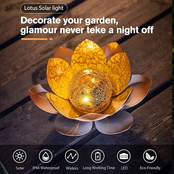 Garden Solar Lights Outdoor(2Pack), Amber Crackle Globe Glass Lotus Decoration, Waterproof Orange Metal LED Flower Lights for Patio,Lawn,Walkway,Tabletop,Ground, Garden Gifts for Women