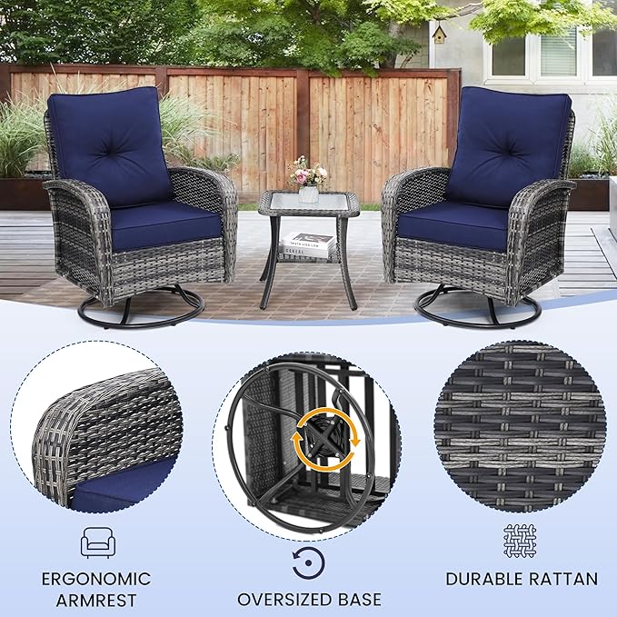 Luxury Outdoor Swivel Wicker Glider Patio Chairs with Table Set, Overstuffed Washable Cushions, Ideal for Porch, Balcony, Deck, Grey Rattan and Blue Cushion