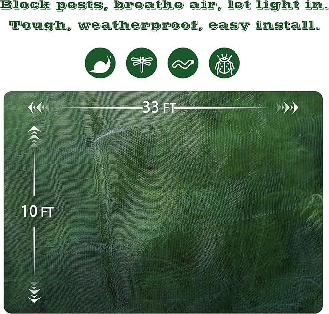 Garden Netting Pest Barrier, 10x33Ft Fine Bug Netting for Vegetable Plants Fruits Flowers Crops Greenhouse Row Cover Raised Bed Barrier Screen Protection Net Cover
