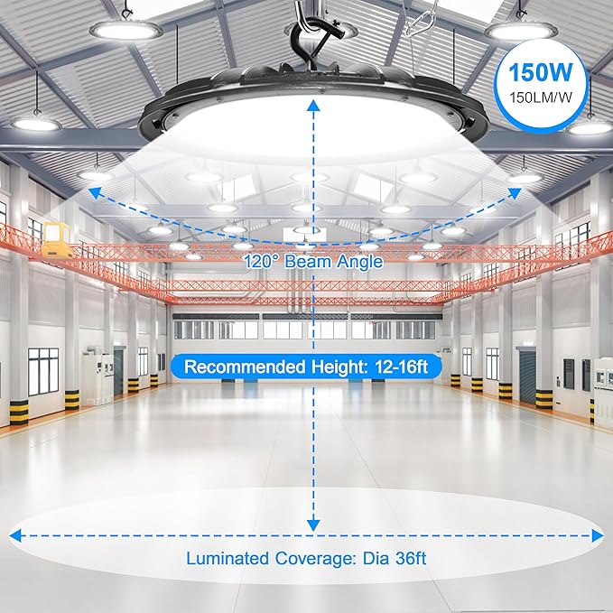 Super Bright High Bay LED Shop Lights - 150W 5000K Daylight, 21000LM 120VAC with 5ft Cord & US Plug. Standard US Hook, IP65 Waterproof led high Bay UFO Lights (1Pack)