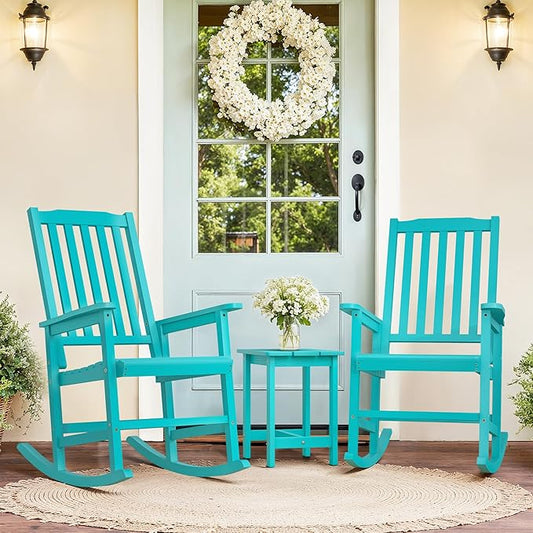Outdoor Rocking Chairs Set of 2, Rocking Chair Outdoor All Weather Wooden Rockers, Heavy Duty 350lbs, High Back Wide Seat Patio Chairs for Porch, Backyard, Garden, Aqua Sky