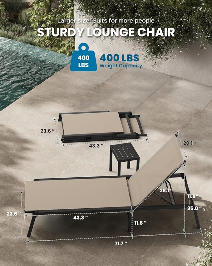 Pool Lounge Chairs Set of 2, Foldable Aluminum Chaise Lounge Outdoor with 5 Positions Recliner - Free Assembly - Patio Chaise Lounge Chair for Poolside, Beach, Yard (Khaki, 2 Pack)