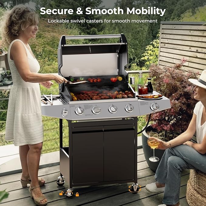 4 Burner Gas Grill with Side Burner,Stainless Steel Propane Grill Outdoor BBQ Grill with Oil Tray and Built-in Thermometer for Outdoor Barbecue, Camping, Patio, Backyard, 49,000 BTU