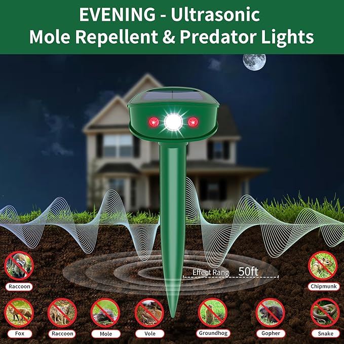 4 Pack Upgraded Mole Repellent Solar Powered with Flash Light, IP65 Waterproof Gopher Repellent Ultrasonic for Snake, Gopher, Vole, Raccoon, Squirrel, Rabbit and Rodent, Ideal for Yard and Lawn