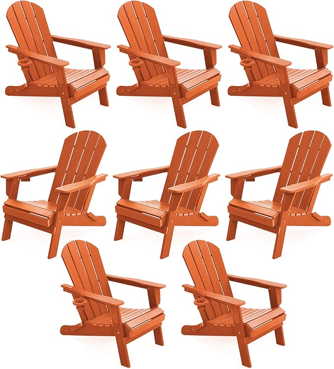 LOUNZY Folding Adirondack Chair Set of 8, HDPE All-Weather Folding Adirondack Chair with Cup Holders, Outdoor Patio Adirondack Chair for Deck Lawn Fire Pit, Orange
