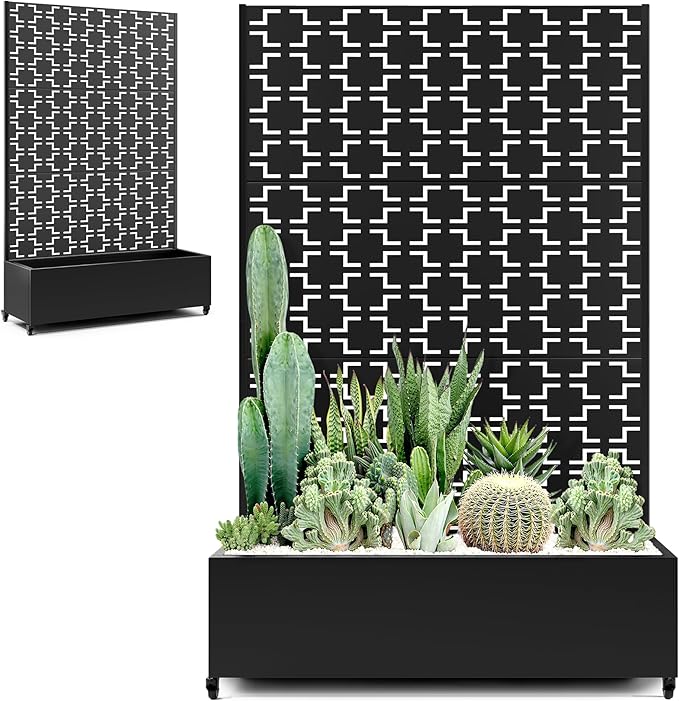 Metal Large Planter Box with Trellis Privacy Screen, Outdoor Raised Garden Beds with Wheels for Climbing Plants Vines, Outdoor Standing Flower Beds with Drainage Holes (47"L, Black Square)