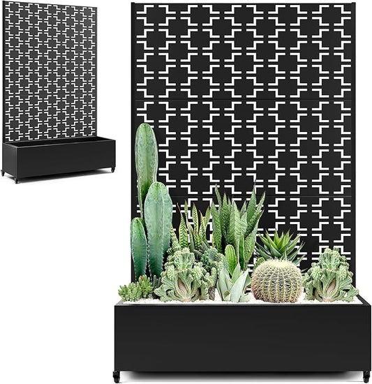 Metal Large Planter Box with Trellis Privacy Screen, Outdoor Raised Garden Beds with Wheels for Climbing Plants Vines, Outdoor Standing Flower Beds with Drainage Holes (47"L, Black Square)