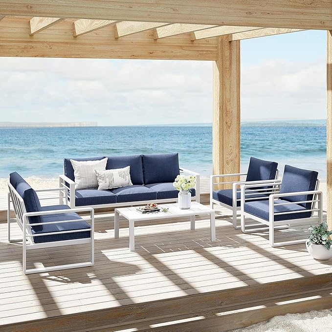 Patiorama Aluminum Patio Furniture Set, Outdoor Patio Loveseat, 2 Seat Sofa Couch, All Weather White Metal Chair with Olefin Cushion, Deep Seating, 600 lbs Capacity, Deck, Garden-Blue Cushion
