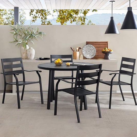 5 Piece Outdoor Dining Set, Patio Dining Set for 4, 42" Black Round Table with 4 Black Metal Outdoor Dining Chairs for Lawn, Garden, or Porch