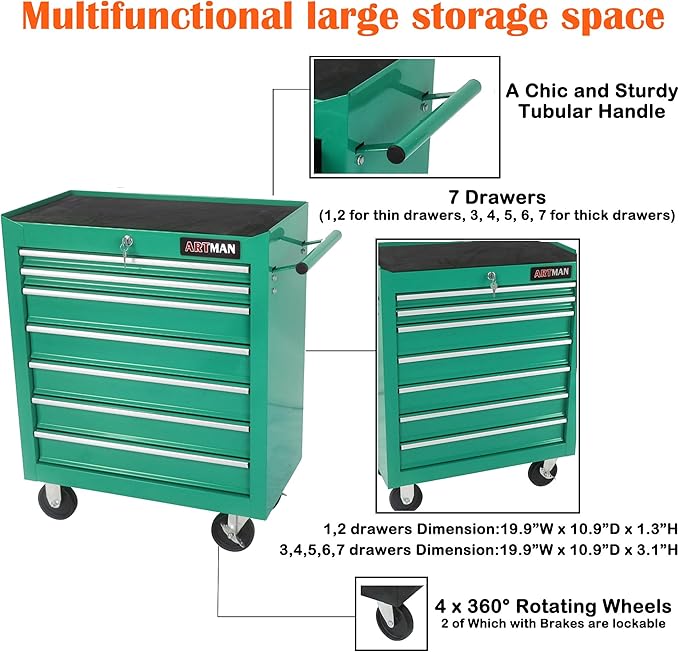 7 Drawers Tool Cart on Wheels,Multifunctional Rolling Tool Chest Tool Storage,Drawers Rolling Tool Trolley Organizer Tool Case for Repair Shop,Garage,Warehouse,Workshop (7 Drawers-29.9"H-Green)
