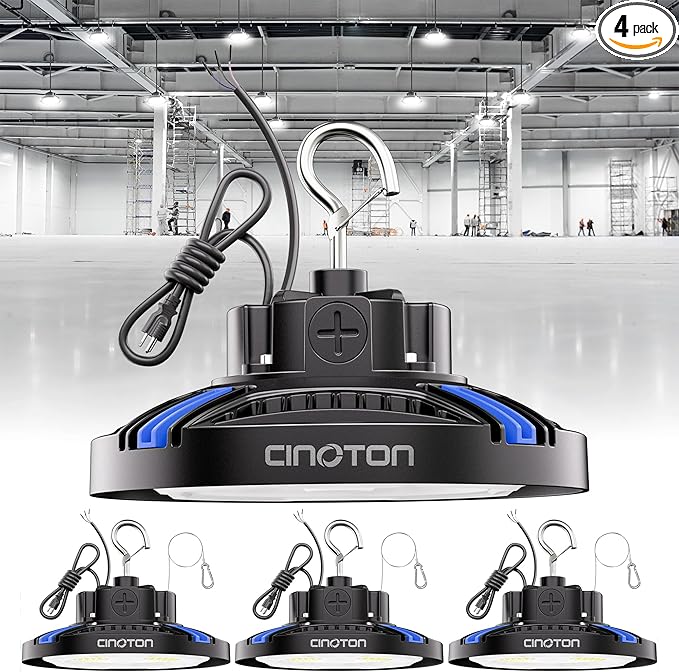 CINOTON UFO LED High Bay Light, 160W/120W/80W Switchable, AC100-277V LED Shop Lights with US Plug, 24000LM Dimmable 0-10V Commercial Bay Lighting for Garage Workshop 5000K Daylight-UL Listed, 4 Pack