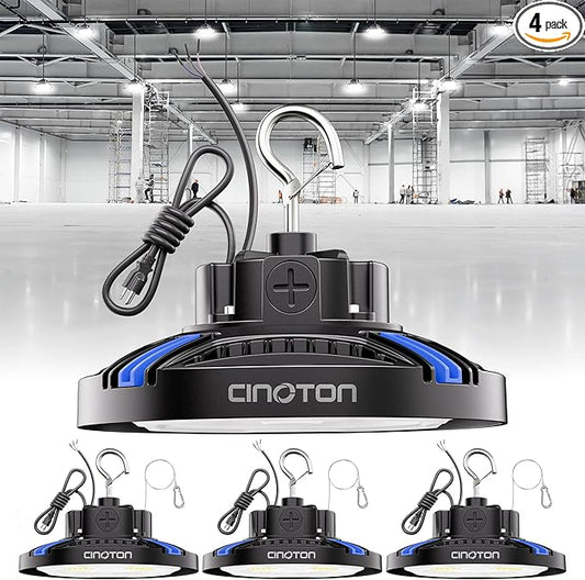 CINOTON UFO LED High Bay Light, 160W/120W/80W Switchable, AC100-277V LED Shop Lights with US Plug, 24000LM Dimmable 0-10V Commercial Bay Lighting for Garage Workshop 5000K Daylight-UL Listed, 4 Pack