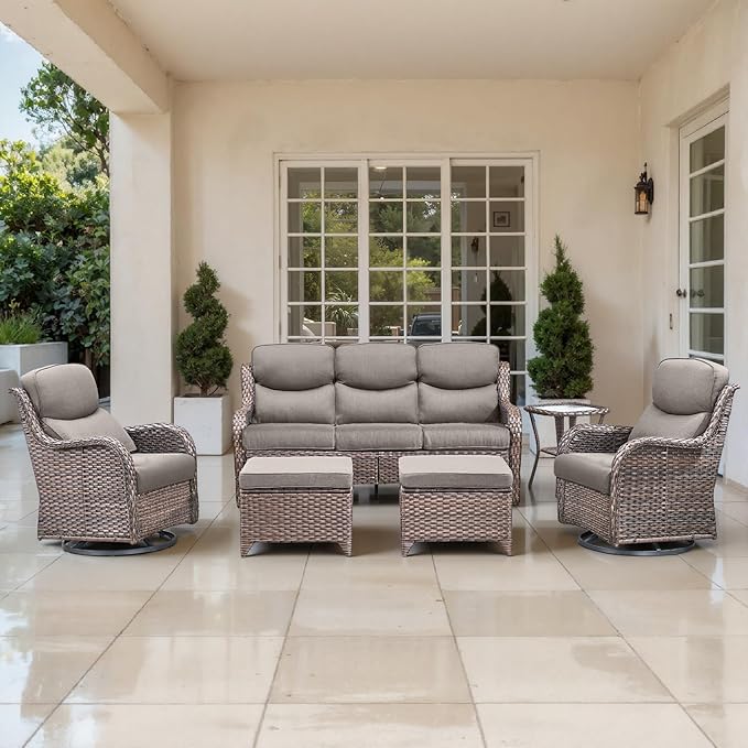 Outdoor Swivel Rocker Patio Chairs Set of 6-5" Thick Cushion 6 Piece Furniture Set with Fire Pit Table All Weather Wicker Conversation Set for Porch Deck - Brown Wicker | Grey Cushions