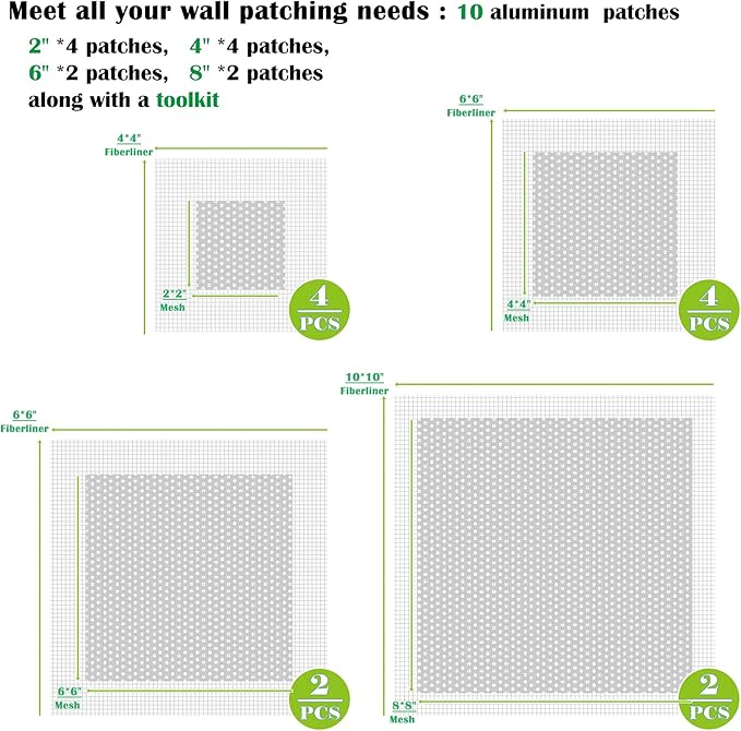 12Pack Wall Repair Drywall Repair Patch kit, Self Adhesive Fiberglass 2/4/6/8 Inch Aluminum Wall Fiber Mesh Large Hole Repair Patch Sheetrock Ceiling Dry Wall Fixing Patch