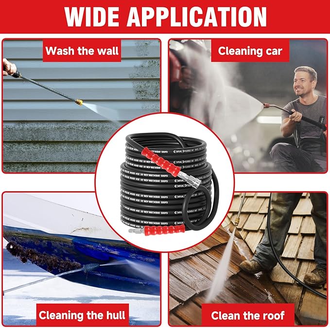 3/8" Non Marking Pressure Washer Hose 150 FT,Kink Resistant Power Washer Replacement Hose Steel Wire Braided for Hot and Cold Water, with M22 14mm to 3/8" Swivel Quick Connect, 5000 PSI (150FT)