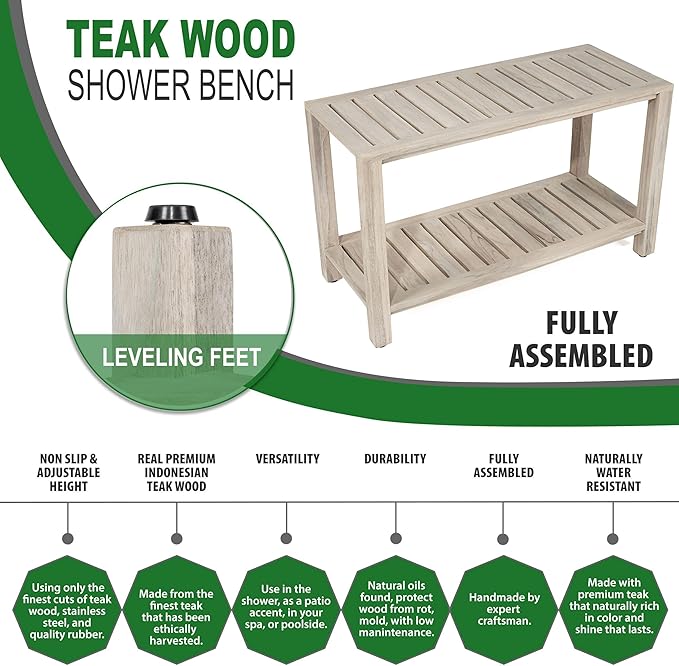 TeakCraft Teak Gray Shower Bench with Shelf 30 Inch for Bathroom, Spa - Fully Assembled, Shower Stool, Rustic Gray Finish The Ricina