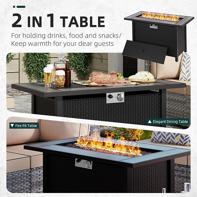45in Fire Table, Propane Fire Pit with Removable Lid, 50000 BTU with Lava Rock and Alumium Frame Tables for Patio Garden, Outdoor Firepit Table, Grey