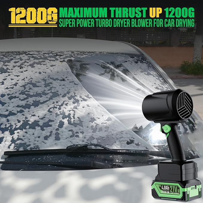 Turbo Dryer Blower for Car, Electric Cordless Leaf Blower with Led, Infinitely Variable Speed, 1300G Max Thrust, 21V 4.0Ah Battery Pack, Perfect for Car Drying, Yard Cleanup