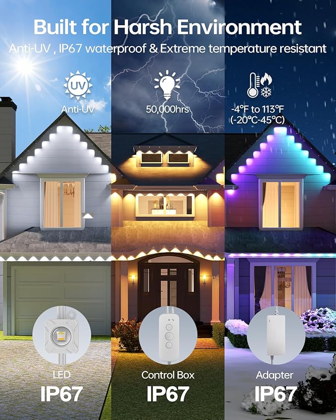 ASAHOM Permanent Outdoor Light Pro S108D, 200FT with 144 RGBCW LEDs, WLED Integration, AI Lighting, 30000 Lighting Effect Combination, IP67 Waterproof for Christmas New Year Daily Decor, White