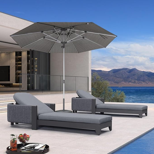 PURPLE LEAF 3-Piece Outdoor Chaise Lounge Set with Market Umbrella Adjustable Sunbathing Daybed for Pool, Garden and Backyard Moon Basalt