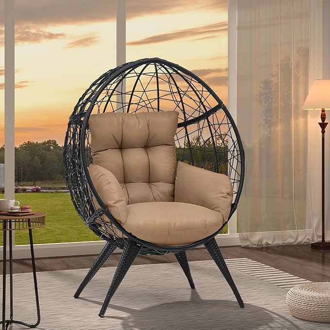 YITAHOME Large Wicker Egg Chair with Stand for Indoor and Outdoor, Cushion, and Adjustable Leveling Feet, Large Lounger for Garden, Patio, Balcony, Backyard,Supports up to 330lbs, Beige