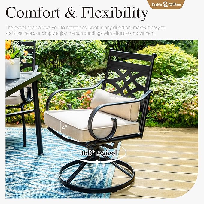 Sophia & William Swivel Patio Dining Set for 6 | 13ft Patio Umbrella Beige | Removable Seat Cushions | Black 59" Patio Dining Table