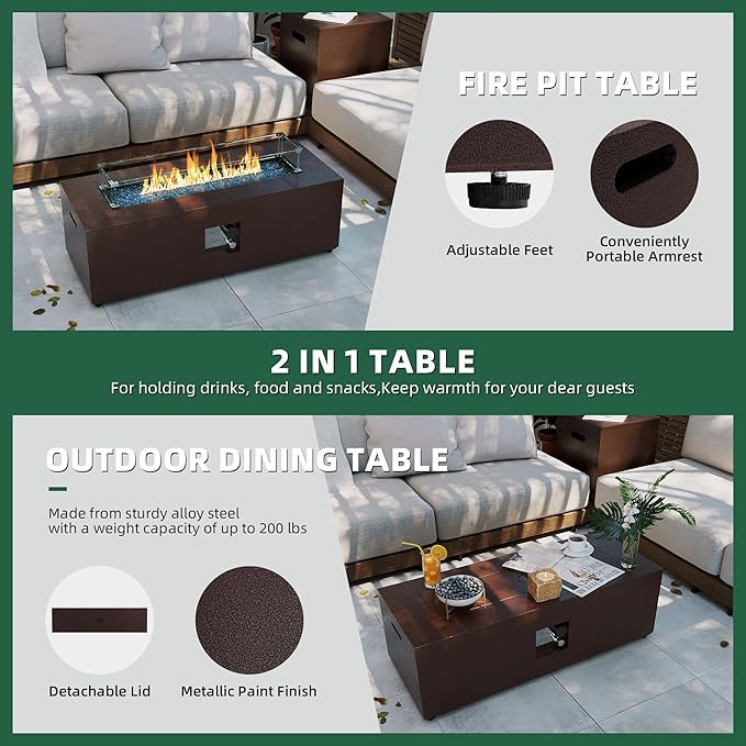 UPHA 42-inch Outdoor Propane Gas Fire Pit Table 50000 BTU Iron Rectangle Firepit for Outside Patio with Tank Hidden Table, Wind Guard, Removable Lid, Blue Glass Rocks, Rain Cover, Brown