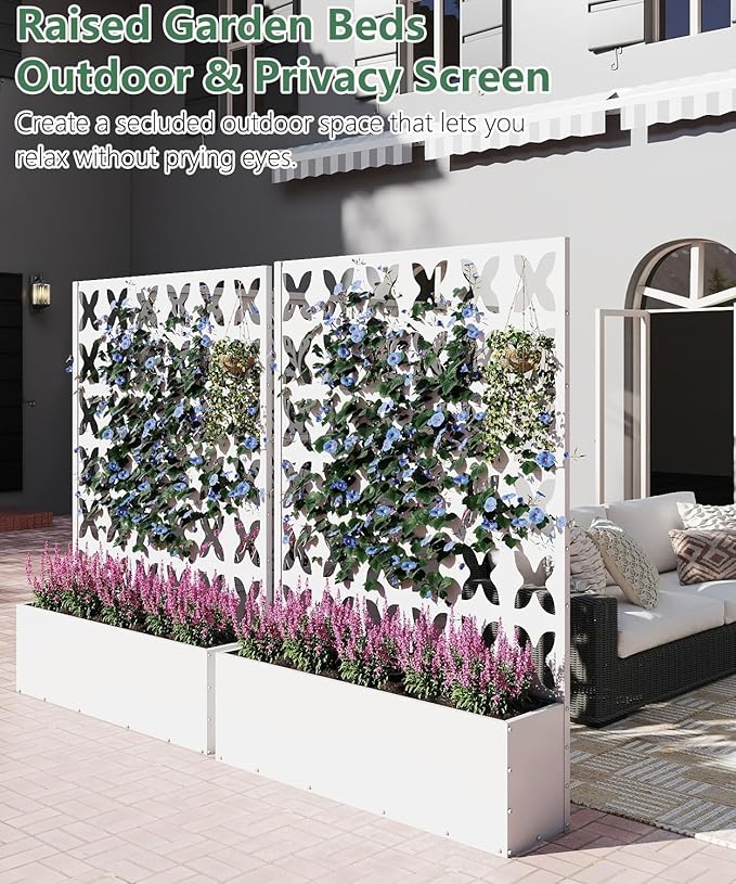 Metal Planter Box with Trellis,70.9"x47.2"x15.7" Raised Garden Bed with Drainage Holes, Privacy Planters for Outdoor Garden Bed for Climbing Plants,Vegetables,and Vines, White-X