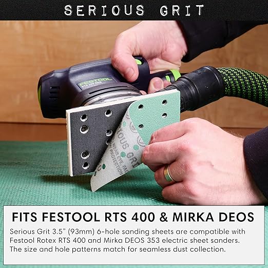 Serious Grit - 3" x 5" (80mm x 133mm) 14-Hole 80 Grit Sanding Sheets - Fits Festool RTS 400 & Mirka Deos 353 - Heavy-Duty Hook & Loop Film Abrasives - Sandpaper for Sheet Sanders - 50 Pack Box