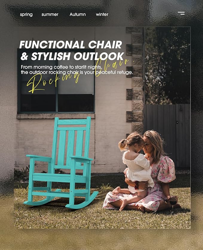 KINGYES Outdoor Rocking Chair, All-Weather Patio Rocking Chairs for Porch, HDPE Rocking Outdoor Chairs with High Back for Adult, Heavy Duty Outdoor Patio Rockers for Garden, Lawn, Aruba