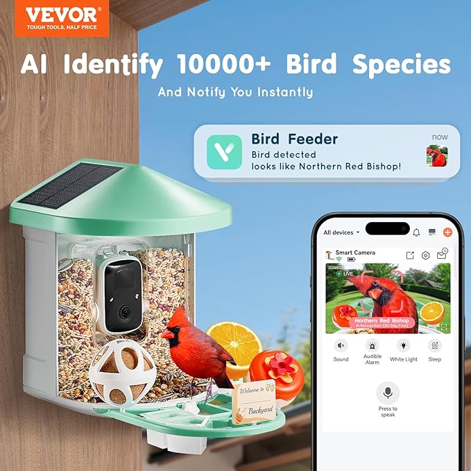 VEVOR Smart Bird Feeder with Camera, Solar Powered Bird House Camera with 2 Solar Panels, Wireless Video Birdfeeder with AI Identify, Auto Detect & Notify and 2K Full HD, Ideal Gift for Bird Lover