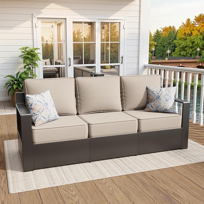 79" Aluminum Patio Sofa - All Weather Outdoor 3-Seat Sofa Couch with 6" Water-Resistant Cushions & Rectangular Framed Metal Armrest & Sofa Cover for Garden Porch (Beige)