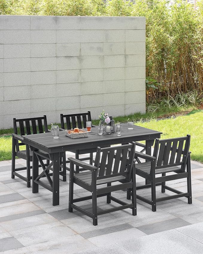 5-Piece HDPE Patio Dining Set, Outdoor Table and Chairs with Umbrella Hole, Modern Outdoor Dining Set for 4, HDPE Outdoor Patio Furniture Dining Sets for Deck, Poolside, Porch, Obsidian