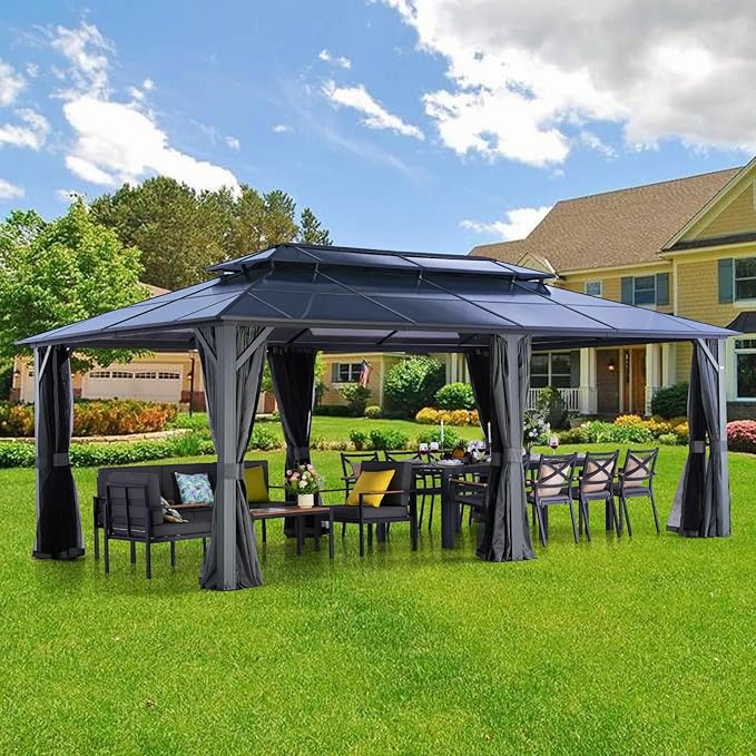 LeDoasis Nebula 12'x20' Permanent Hardtop Gazebo, Outdoor Aluminum Patio Gazebo, Polycarbonate Double Roof Canopy, Breathable Netting & Privacy Curtain Included，for Patio Lawn and Garden,Parties