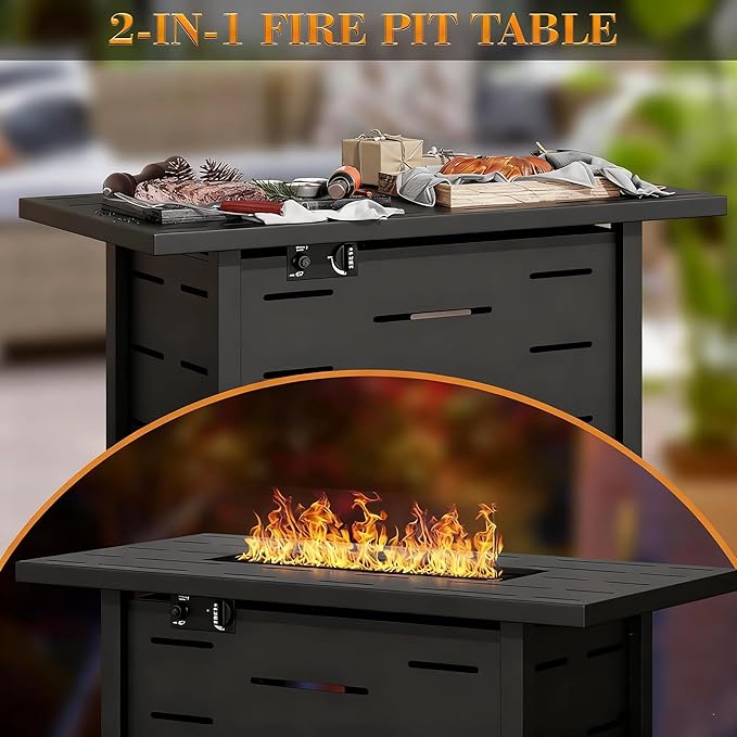 43" Propane Fire Pit, 50,000 BTU Steel Gas Fire Pit Table with Lid for Outside, Steel Lid & Lava Rock, 2 in 1 Fire Table, Adds Warmth to Gatherings & Parties on Patio, Deck, Garden & Backyard, Black