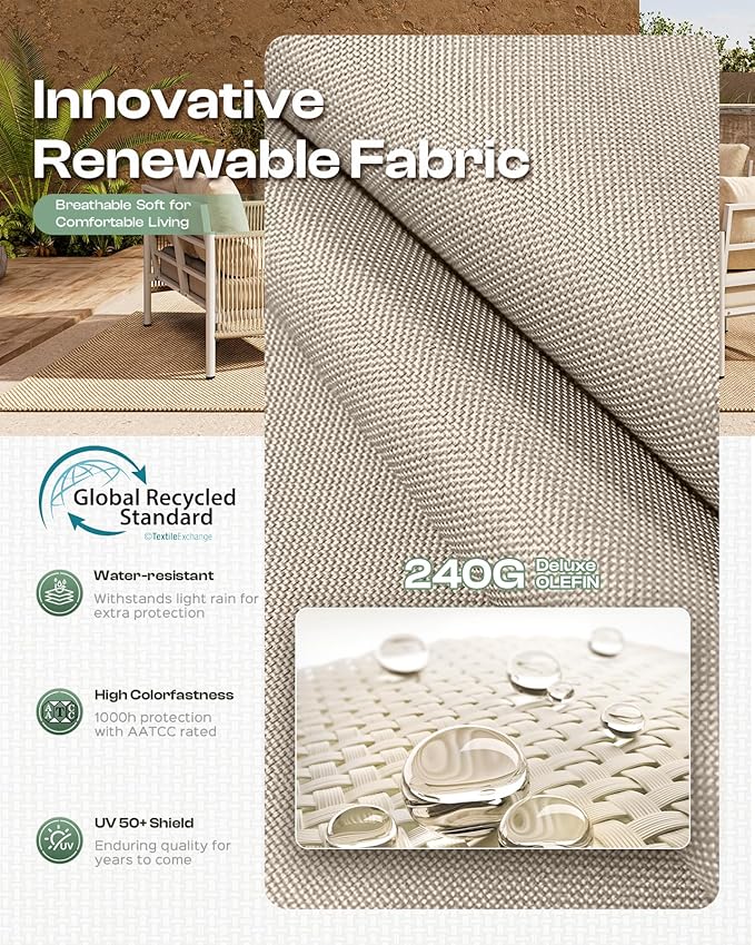 Aluminum Outdoor Patio Furniture Set, HDPE Rope 4 Piece Modern Sectional Conversation Sets with Dual-Layer Coffee Table, All Weather Patio Couch Sofa with Thick Cushions, Silver Frame, Beige
