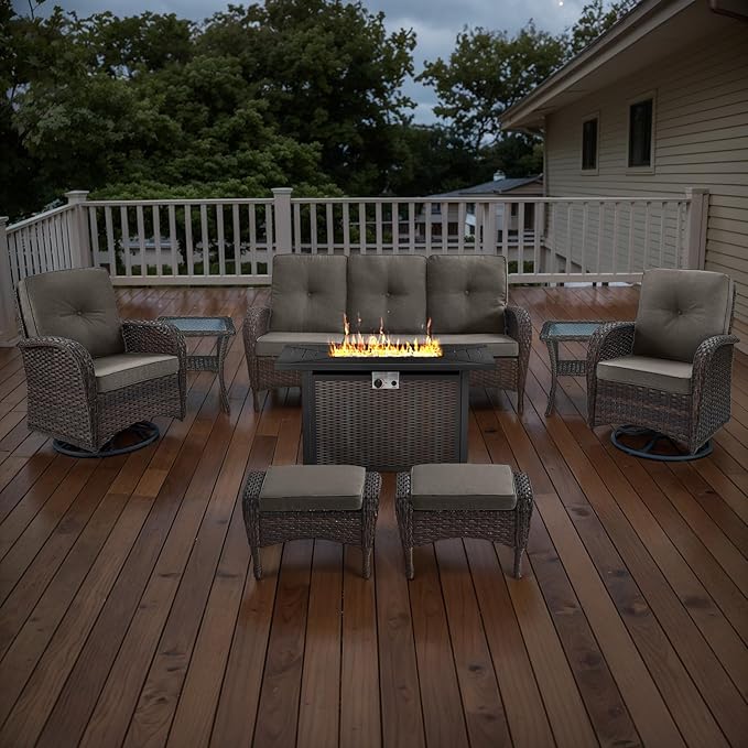 Belord 8 Piece Patio Furniture Set with 50000 BTU Propane Fire Pit Table, Outdoor Conversation Set with 2 Swivel Rocker Chairs Wicker Sofa and Ottomans for Casual Gatherings Grey