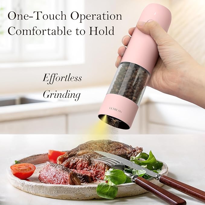 Ultrean Electric Pepper Grinder, Rechargeable Salt and Pepper Grinder with 6 Adjustable Coarseness, Automatic Grinder for Kitchen, LED Light, Christmas Gifts for Women, Pink