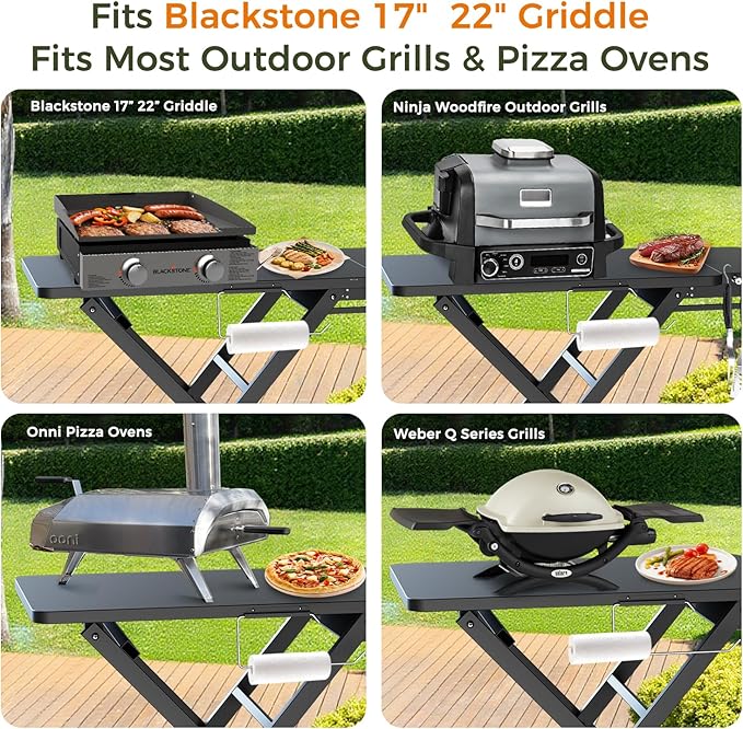 Upgraded Gril Table Stand for Blackstone 17” & 22” Griddle, Ninja Woodfire Outdoor Grills, Ooni Pizza Oven, 34"x20" Foldable Grill Cart with Wheels and Handle for Camping & Backyard BBQ