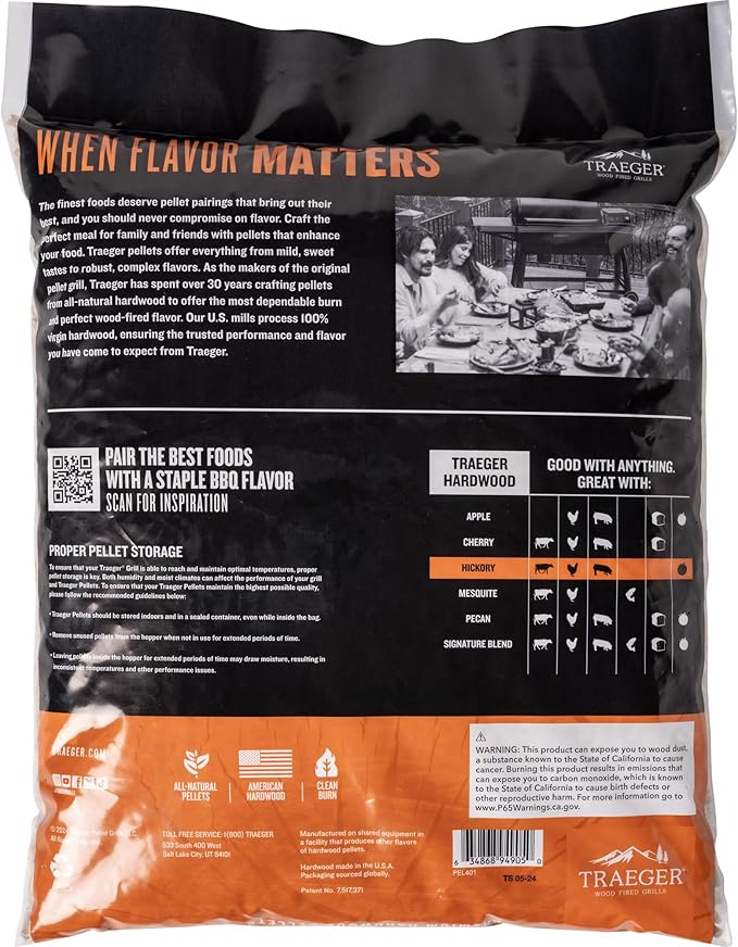 Traeger Grills Hickory 100% All-Natural Wood Pellets for Smokers and Pellet Grills, BBQ, Bake, Roast, 18 lb. Bag