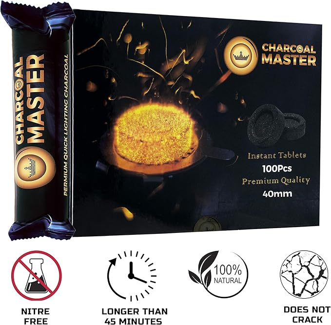 New Quick Light Charcoal by Charcoal Master – Instant Coal Disks – Incense Coal Tablets – Charcoal Disks – Set of 100Charcoal Disks per Box– Quick Light Charcoal Briquettes (40mm Capsule)