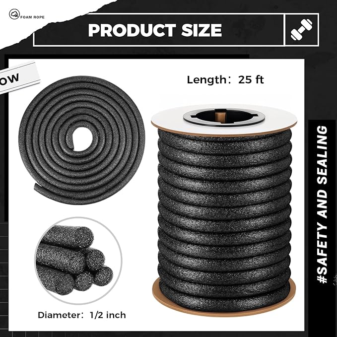 Backer Rod Concrete Crack Filler Set 1/2 Inch x 25 ft Foam Backer Rod with 10.2 oz Self-Leveling Sealant, Waterproof, Weather Resistant for Gaps Concrete Crack Filler Cement Repair (Black)