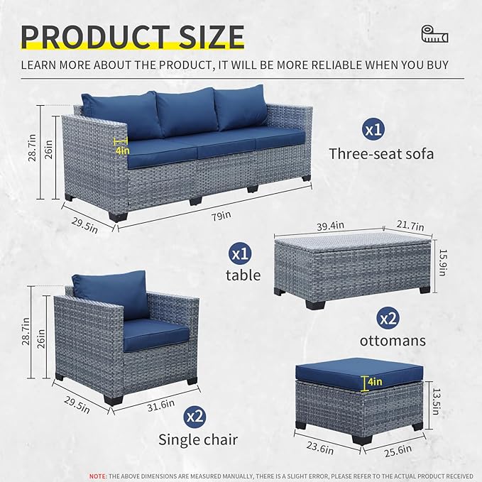6 Pieces Wicker Patio Furniture Sets Outdoor Conversation Set PE Rattan Sectional Sofa Couch with Storage Table and Royal Blue Cushions